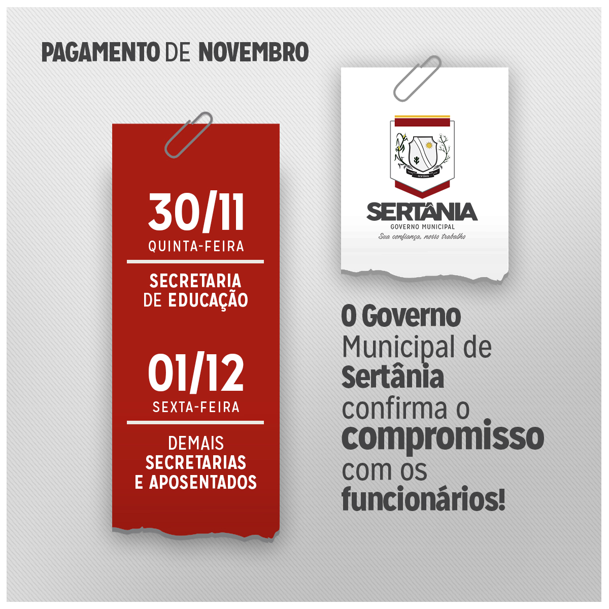 Leia mais sobre o artigo Governo Municipal realiza pagamento de novembro nesta semana