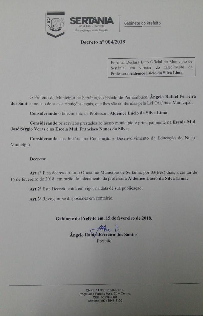 Leia mais sobre o artigo Governo Municipal de Sertânia decreta luto de 3 dias no município