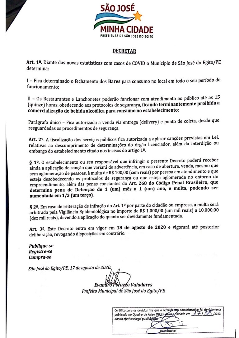 Leia mais sobre o artigo Prefeitura de São José do Egito decreta fechamento de bares; restaurantes podem funcionar até 15h