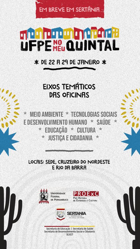 Leia mais sobre o artigo <strong>Projeto “UFPE NO MEU QUINTAL” chega a Sertânia; inscrições para oficinas já estão abertas</strong>