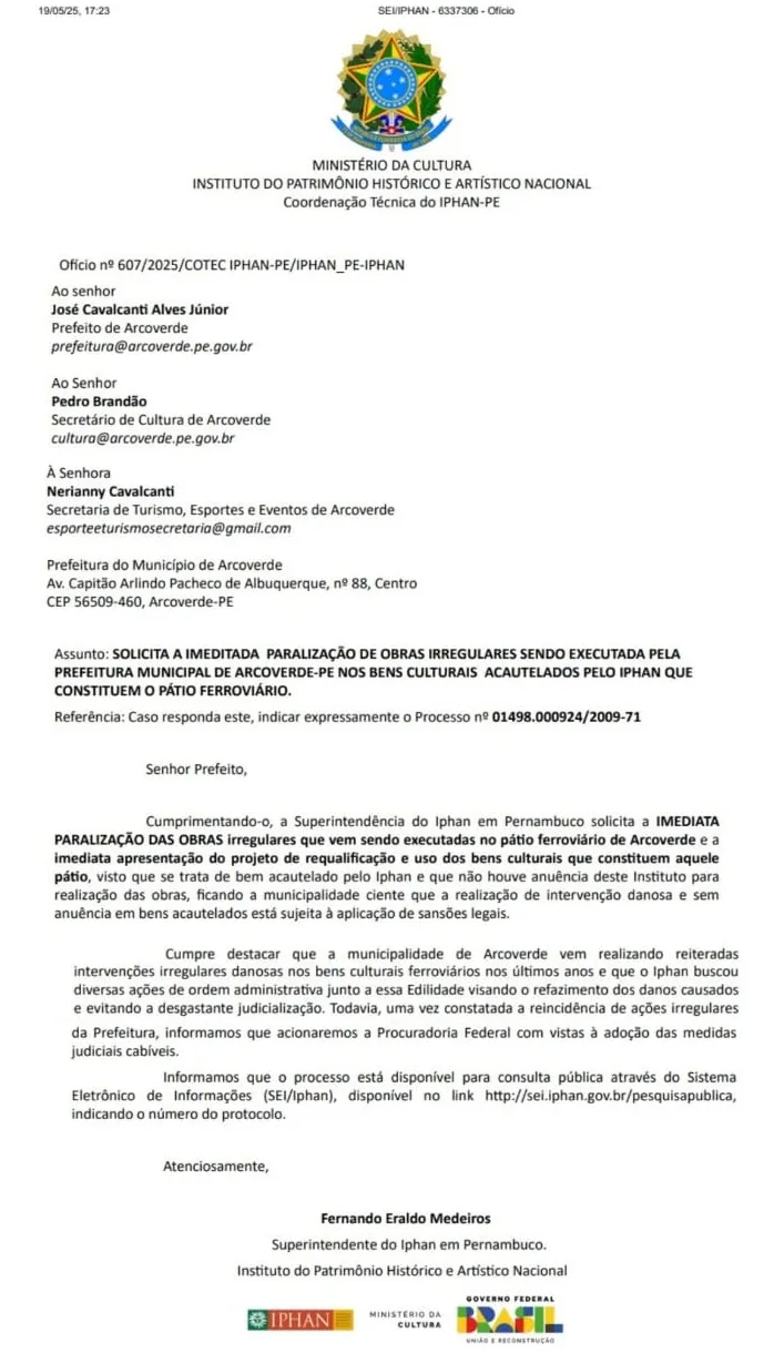 Leia mais sobre o artigo IPHAN oficia Prefeitura de Arcoverde para interromper obras no Pátio Ferroviário em preparação para São João