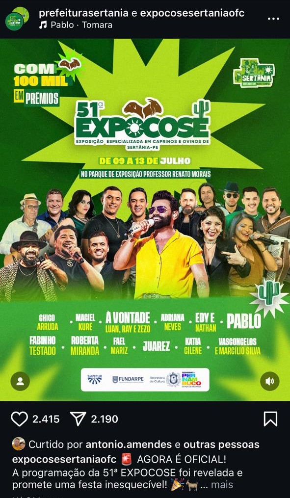 Leia mais sobre o artigo Prefeitura de Sertânia desativa comentários em rede social após críticas à programação da Expocose