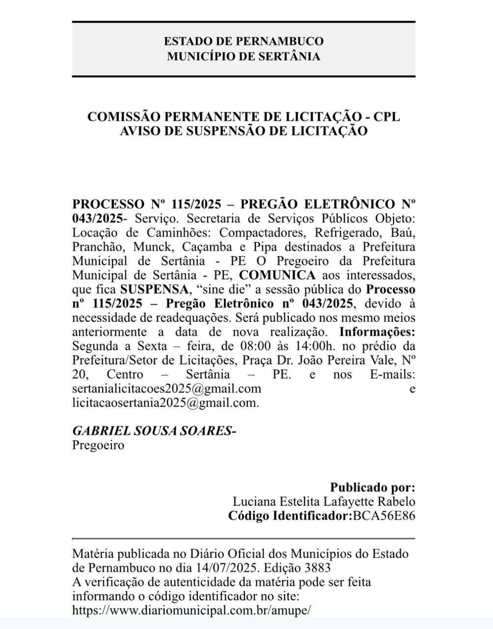 Leia mais sobre o artigo TCE determina suspensão de licitação por indícios de irregularidades em Sertânia após denúncia de vereadores