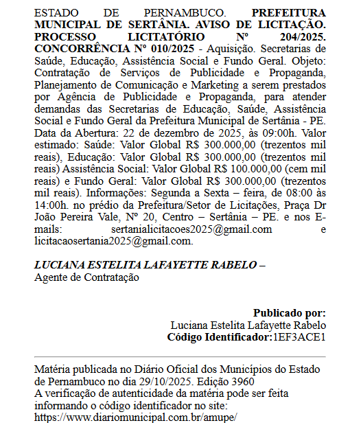 Leia mais sobre o artigo Prefeitura de Sertânia lança licitação milionária para contratação de serviços de comunicação